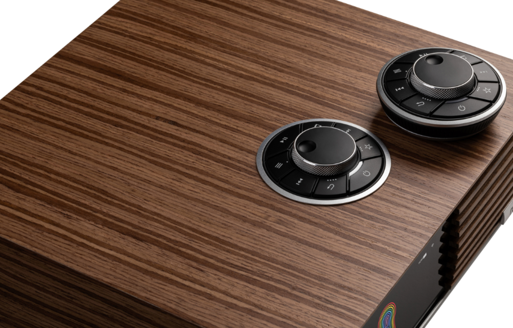 Ruark Audio R610 Music Console in Fused Walnut Veneer with Walnut Slat Trim, view of controls