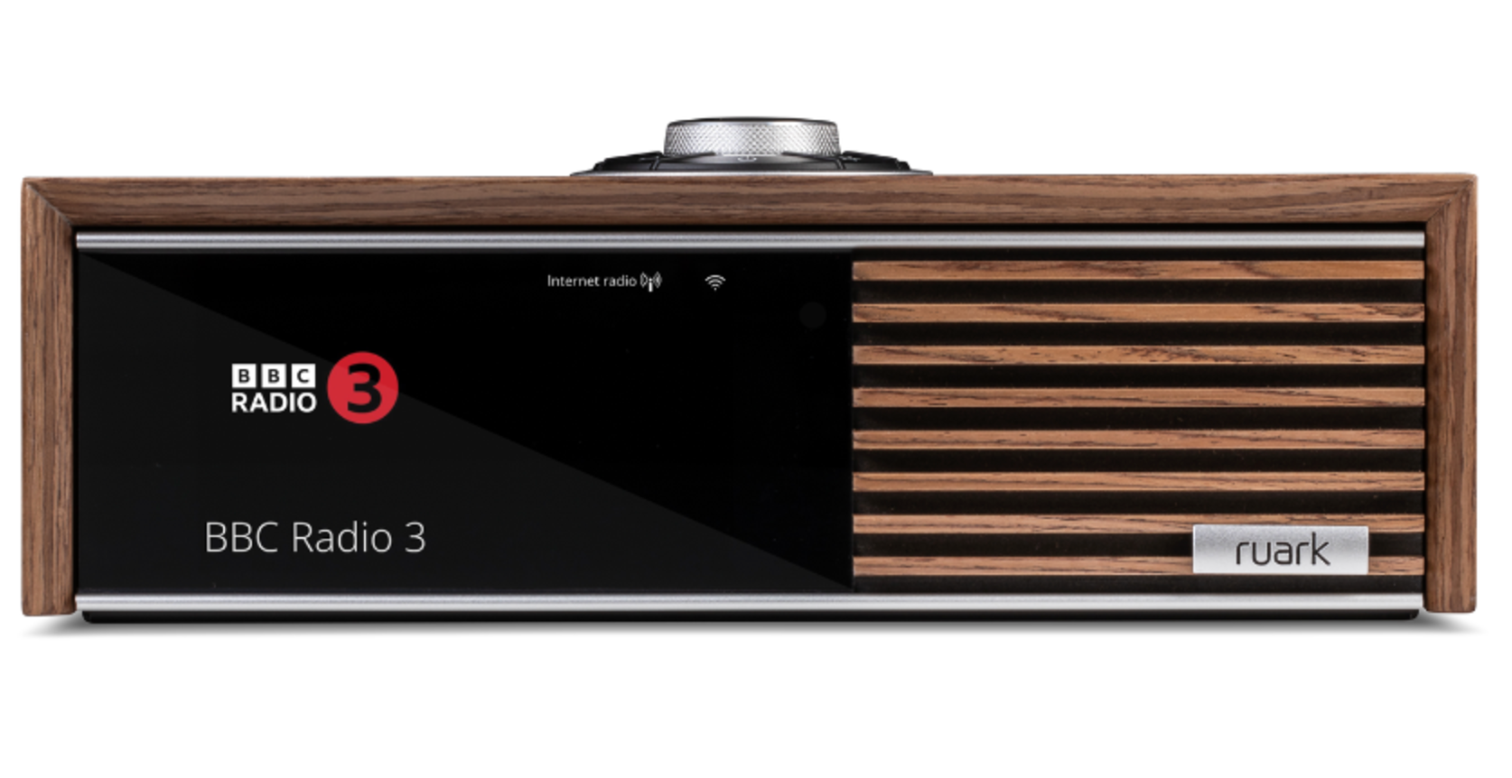 Ruark Audio R610 Music Console in Fused Walnut Veneer with Walnut Slat Trim, front view