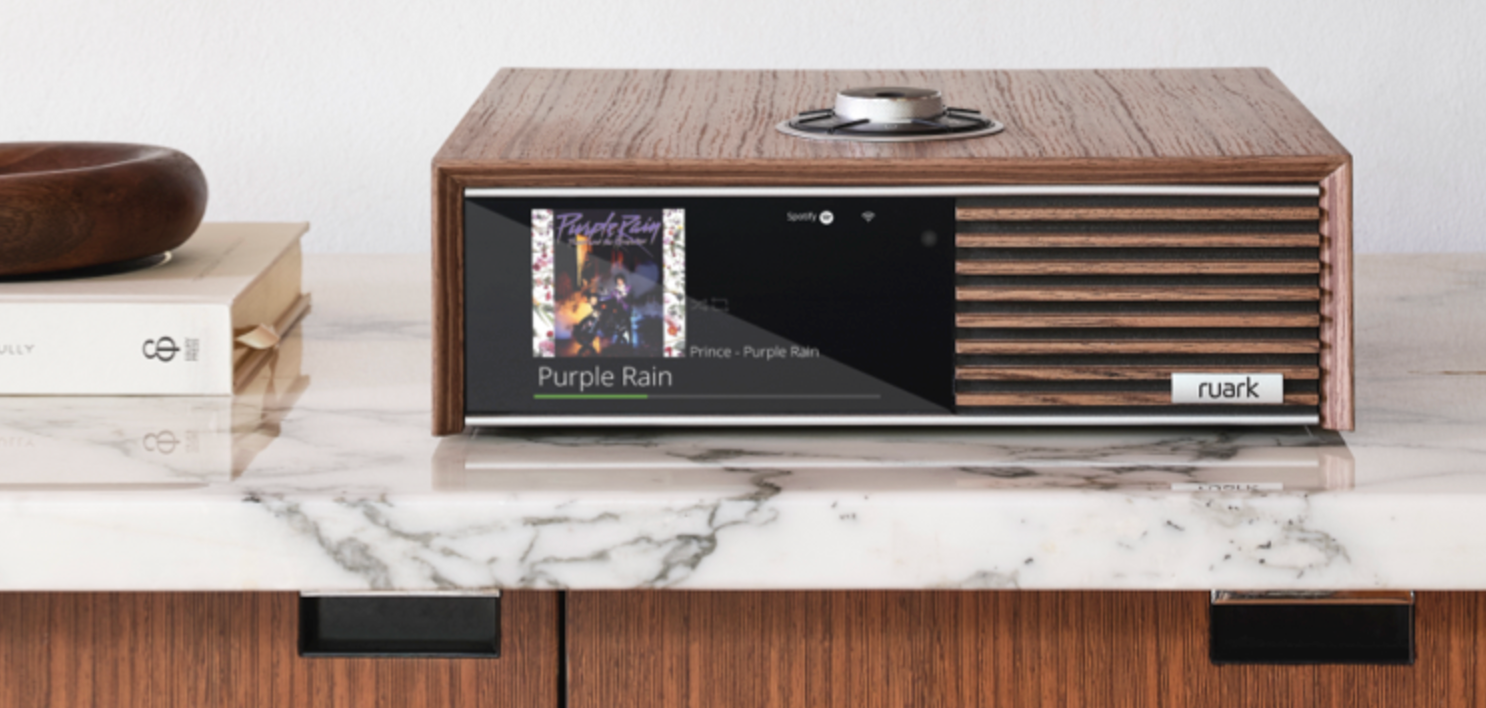 Ruark Audio R610 Music Console in Fused Walnut Veneer with Walnut Slat Trim, in room view