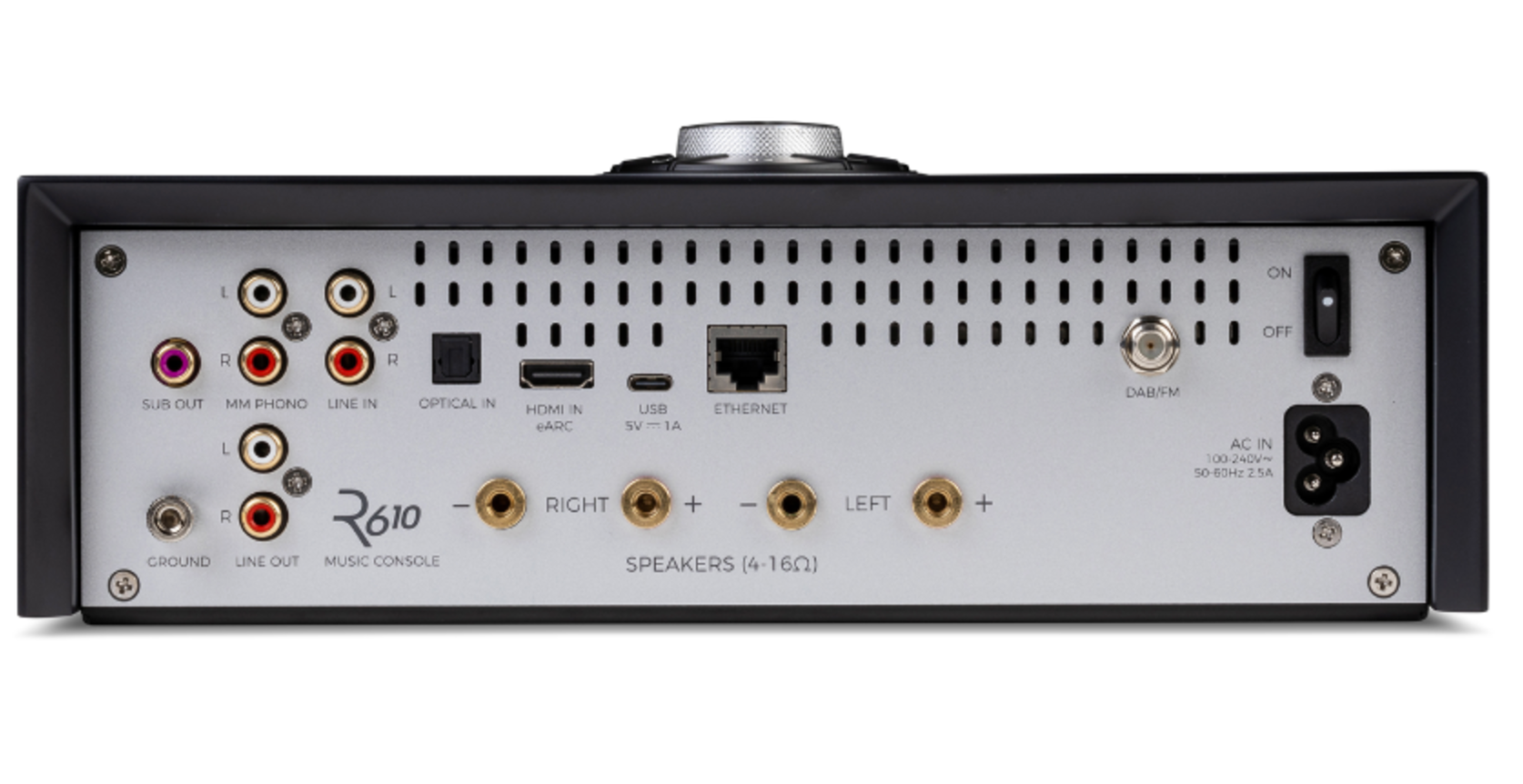 Ruark Audio R610 Music Console in Satin Charcoal Lacquer with Walnut Slat Trim, back