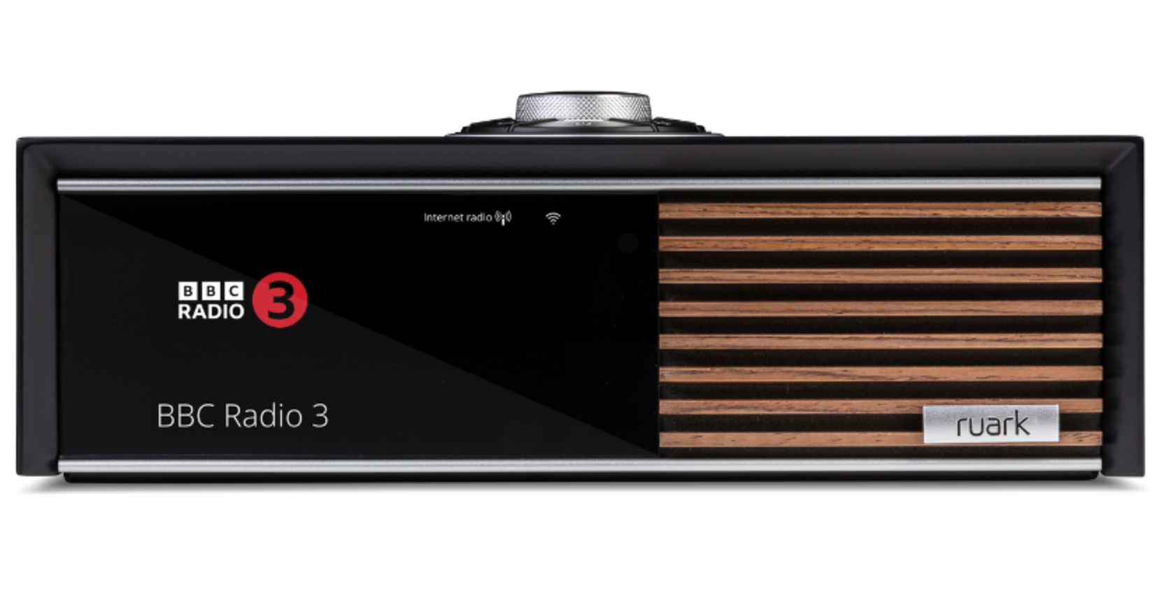 Ruark Audio R610 Music Console in Satin Charcoal Lacquer with Walnut Slat Trim, front view