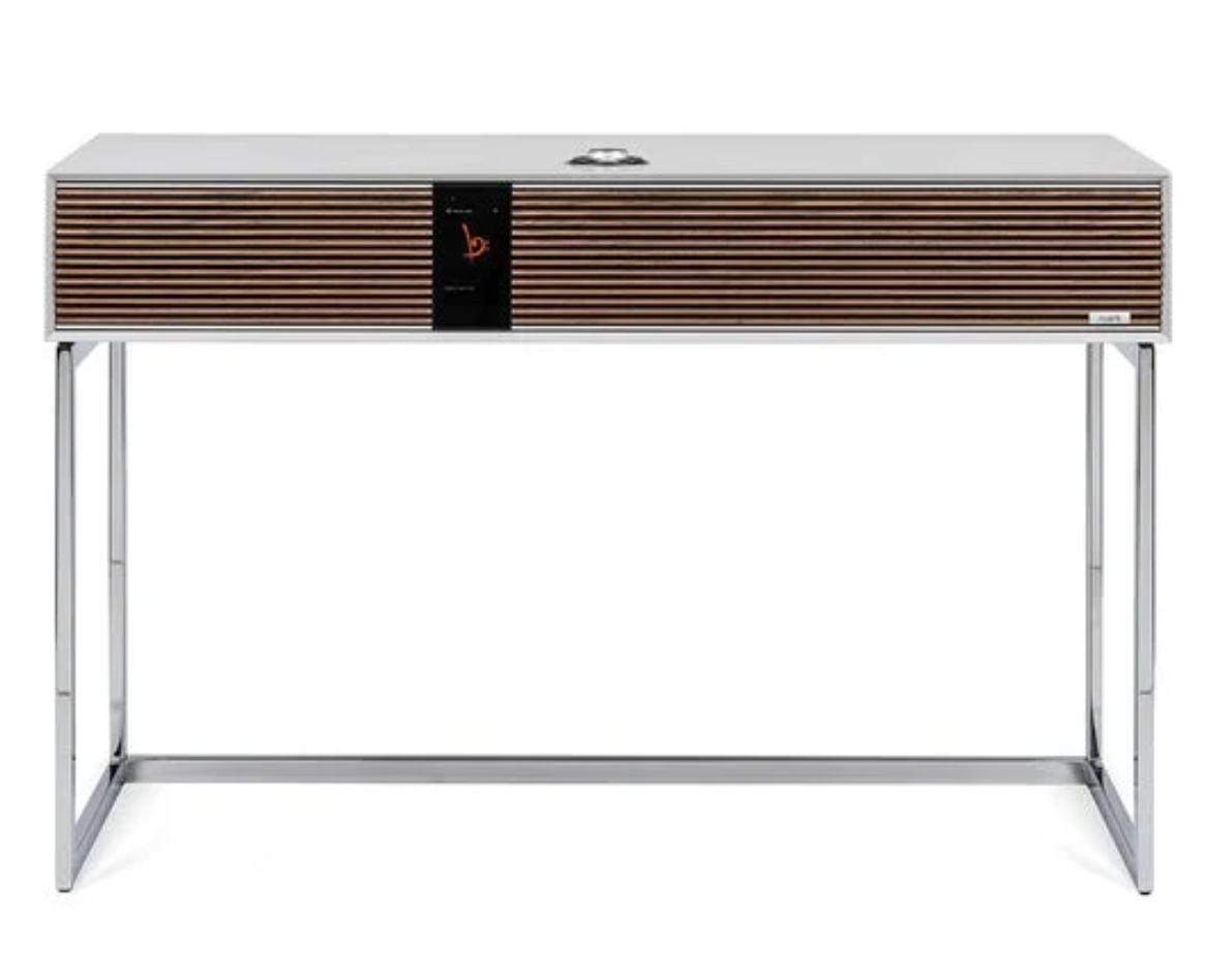 Ruark Audio R810 Hi Fidelity Radiogram in Soft Grey cabinet with Walnut grille, on stand
