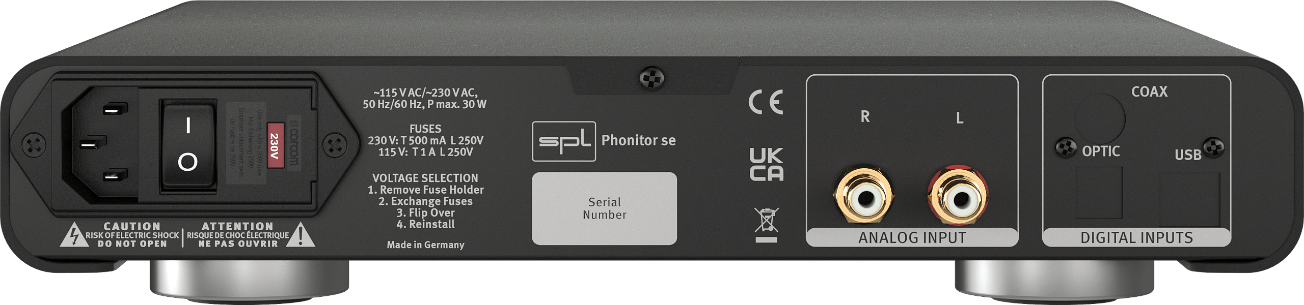 SPL Audio Phonitor se Headphone Amplifier with optional DAC 768xs. Image shows rear of option without DAC