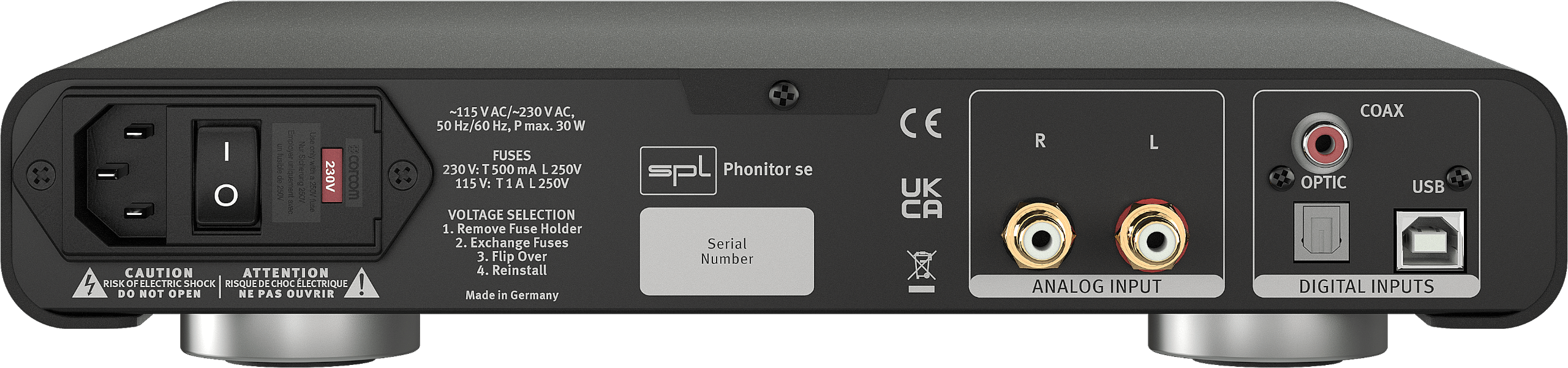 SPL Audio Phonitor se Headphone Amplifier with optional DAC 768xs. Image shows rear of option with DAC 768xs