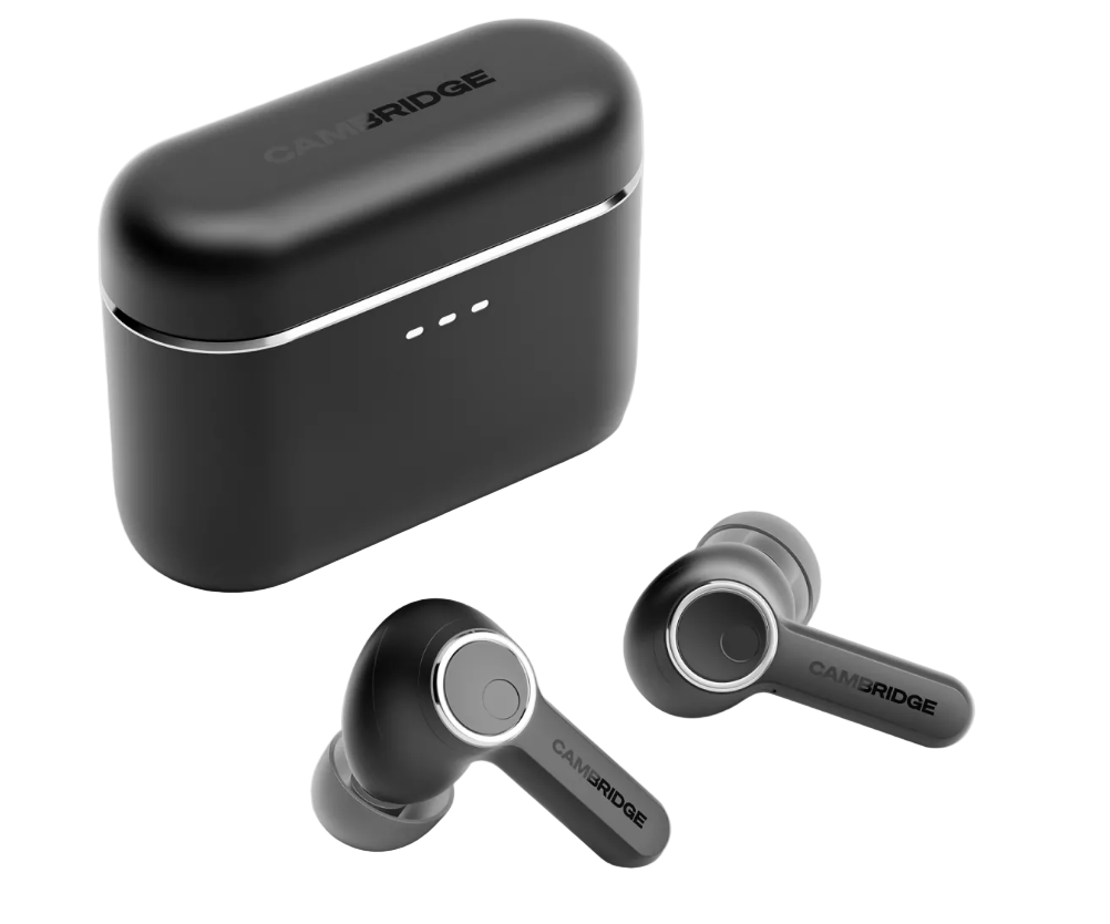 Cambridge Audio Melomania A100 True Wireless Headphones with ANC in Black, next to their case
