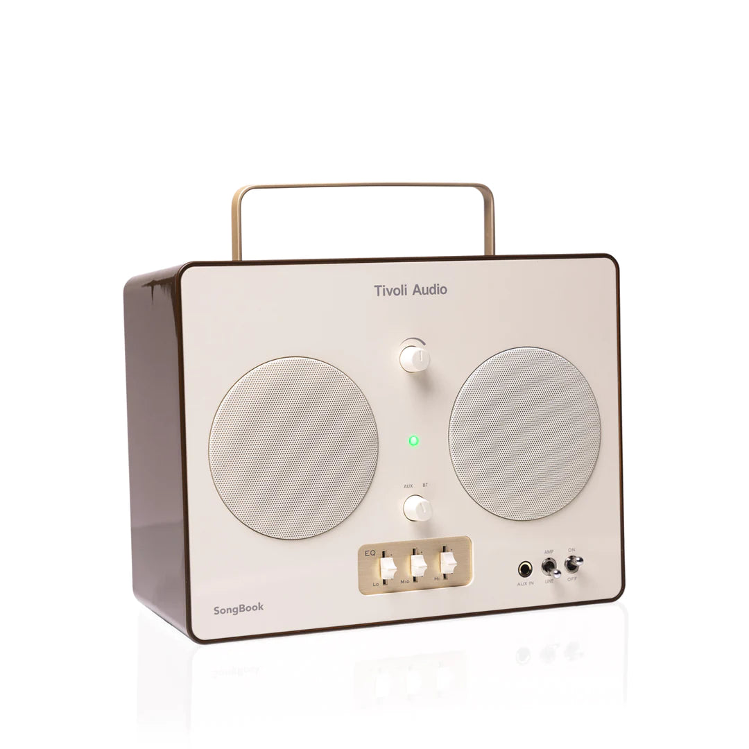 Tivoli Audio Music Songbook Portable Bluetooth Speaker in Cream/Brown, angled to the right