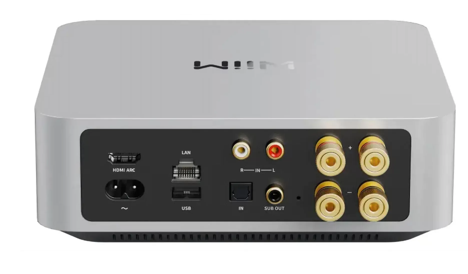 WiiM Amp Multi-room Stereo Streaming Amplifier. Image of back of Silver