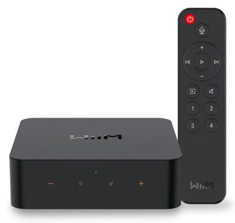 WiiM Pro Plus Wireless Audio Streamer Airplay 2 & Chromecast.  Front and remote