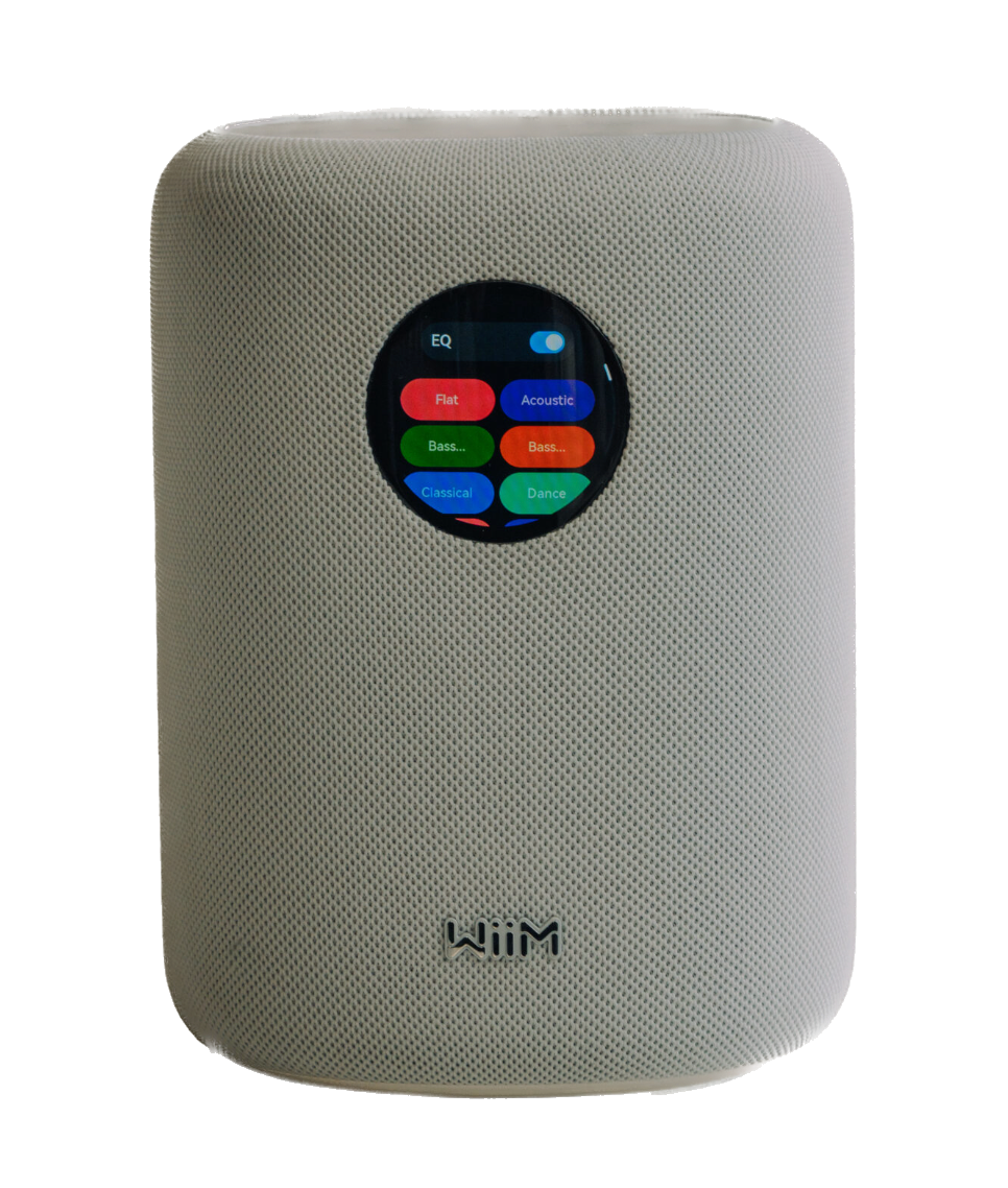 WiiM Sound Smart Speaker in White with controls displayed