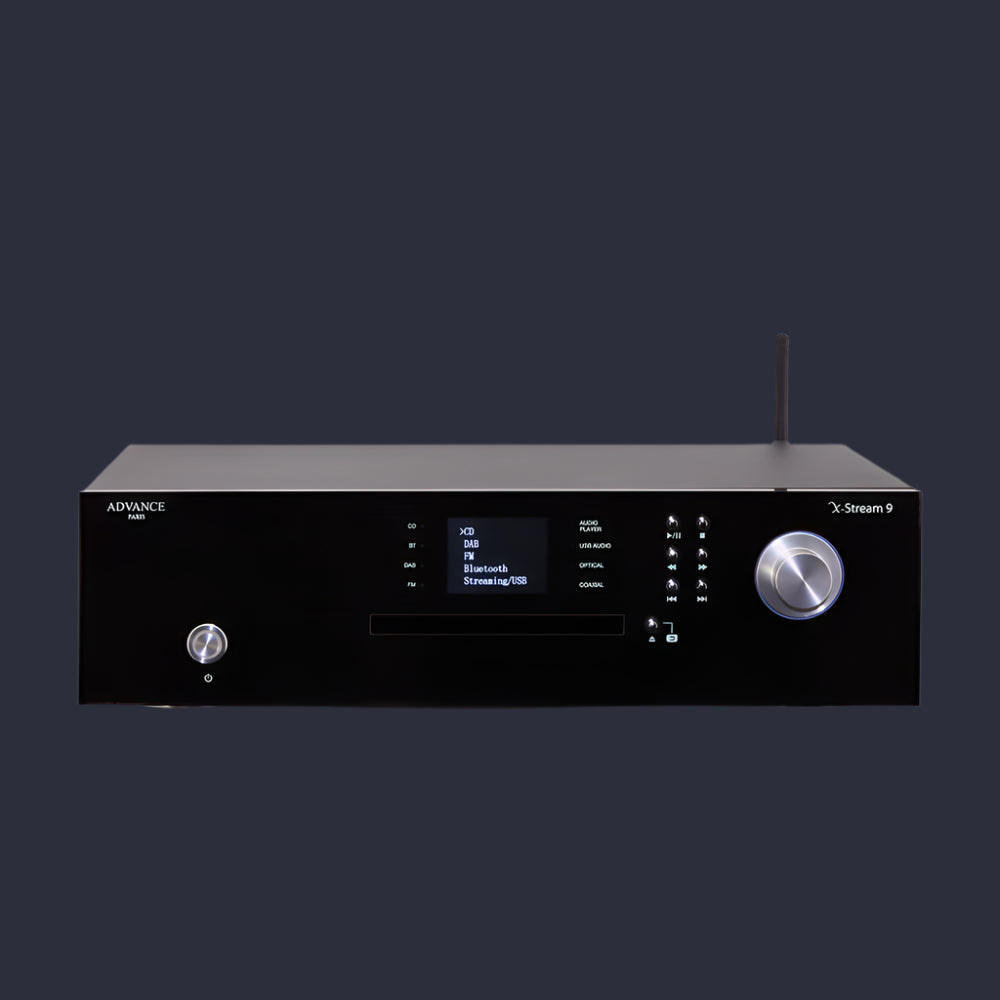 The Advance Paris X stream 9 A quality universal source with CD player, FM / DAB radio, network player, digital / analog converter (DAC), Bluetooth option. Front Image