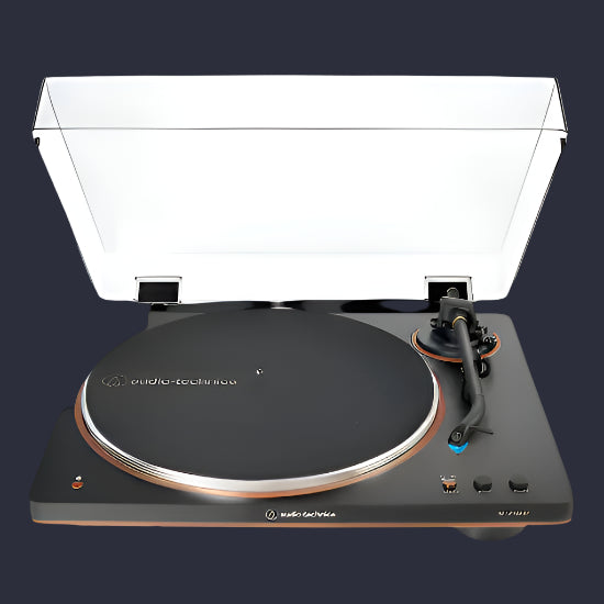 Audio Technica AT LP70XBT Automatic Bluetooth Turntable in Black and Bronze, front with dustcover open