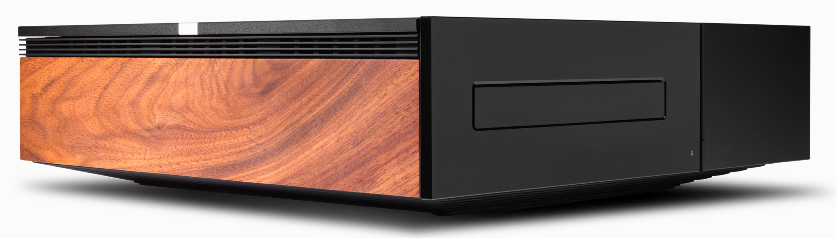 Cambridge Audio EVO CD Transport, side panel in woodgrain. Angled image