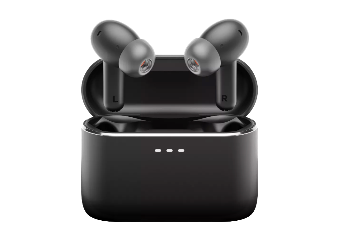 Cambridge Audio Melomania A100 True Wireless Headphones with ANC in Black, in case, popping up