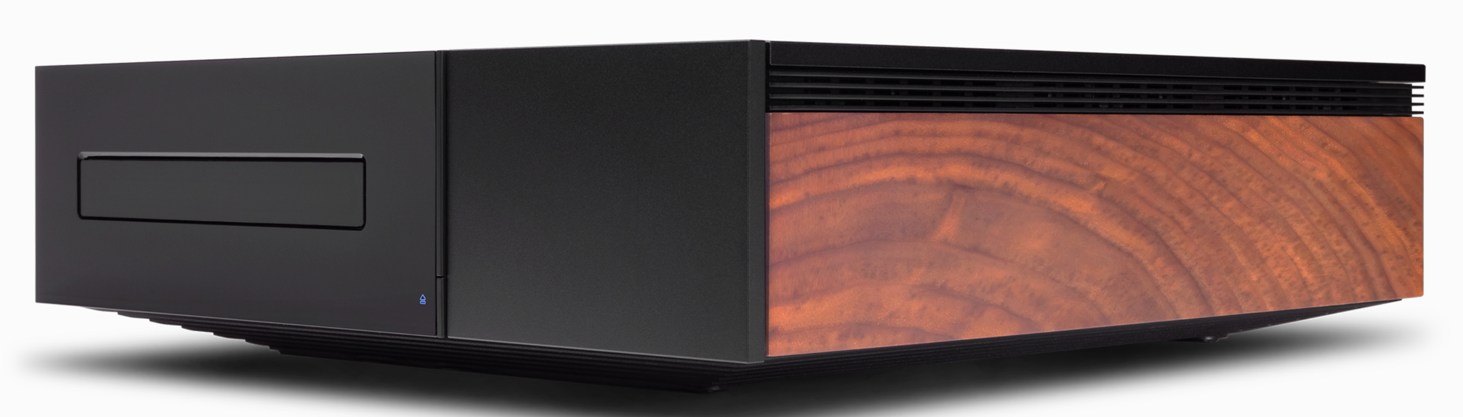 Cambridge Audio EVO CD Transport, side panel in woodgrain. Angled image