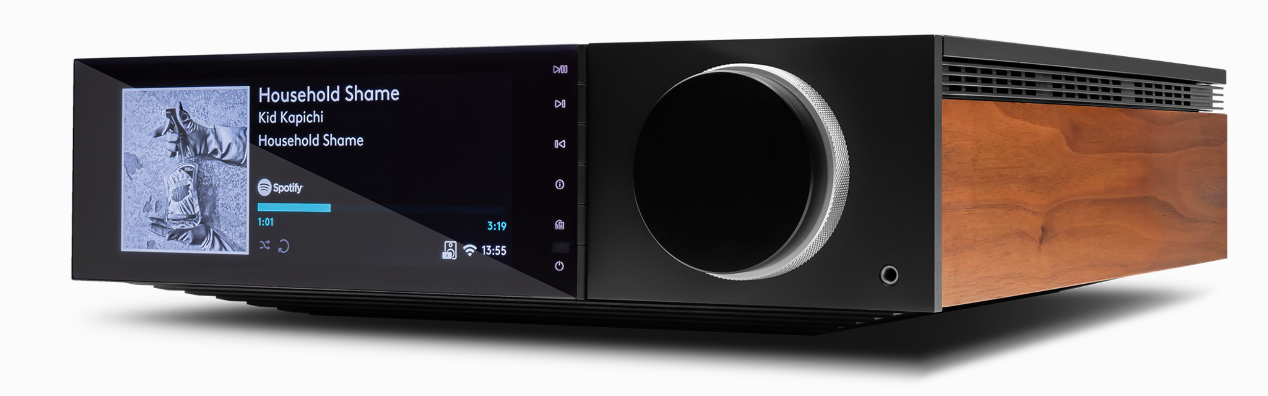 Cambridge Audio EVO 150 all-in-one-system side image with woodgrain panel