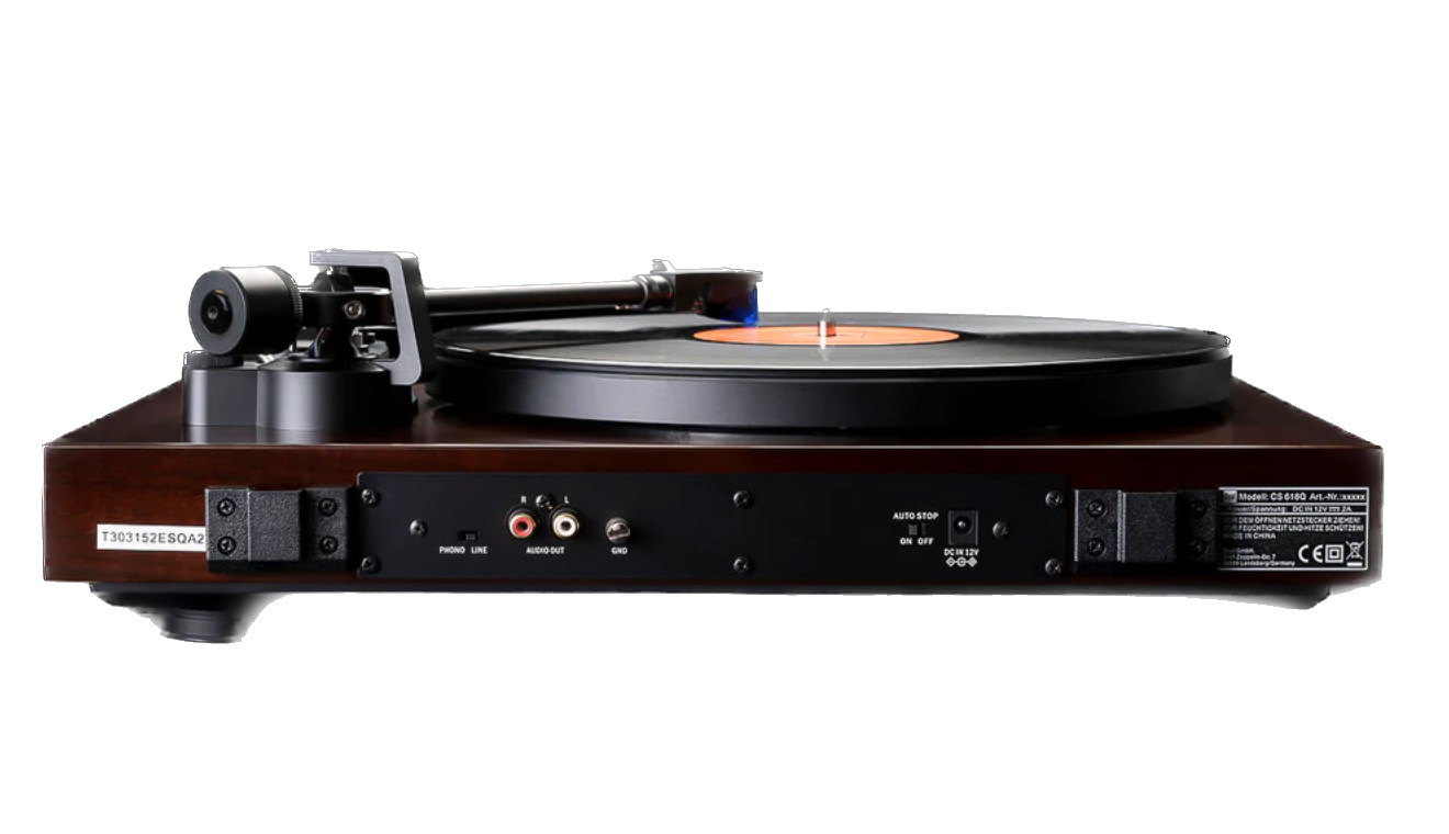 Dual CS-618Q Semi-Automatic Turntable in Walnut. Back of turntable