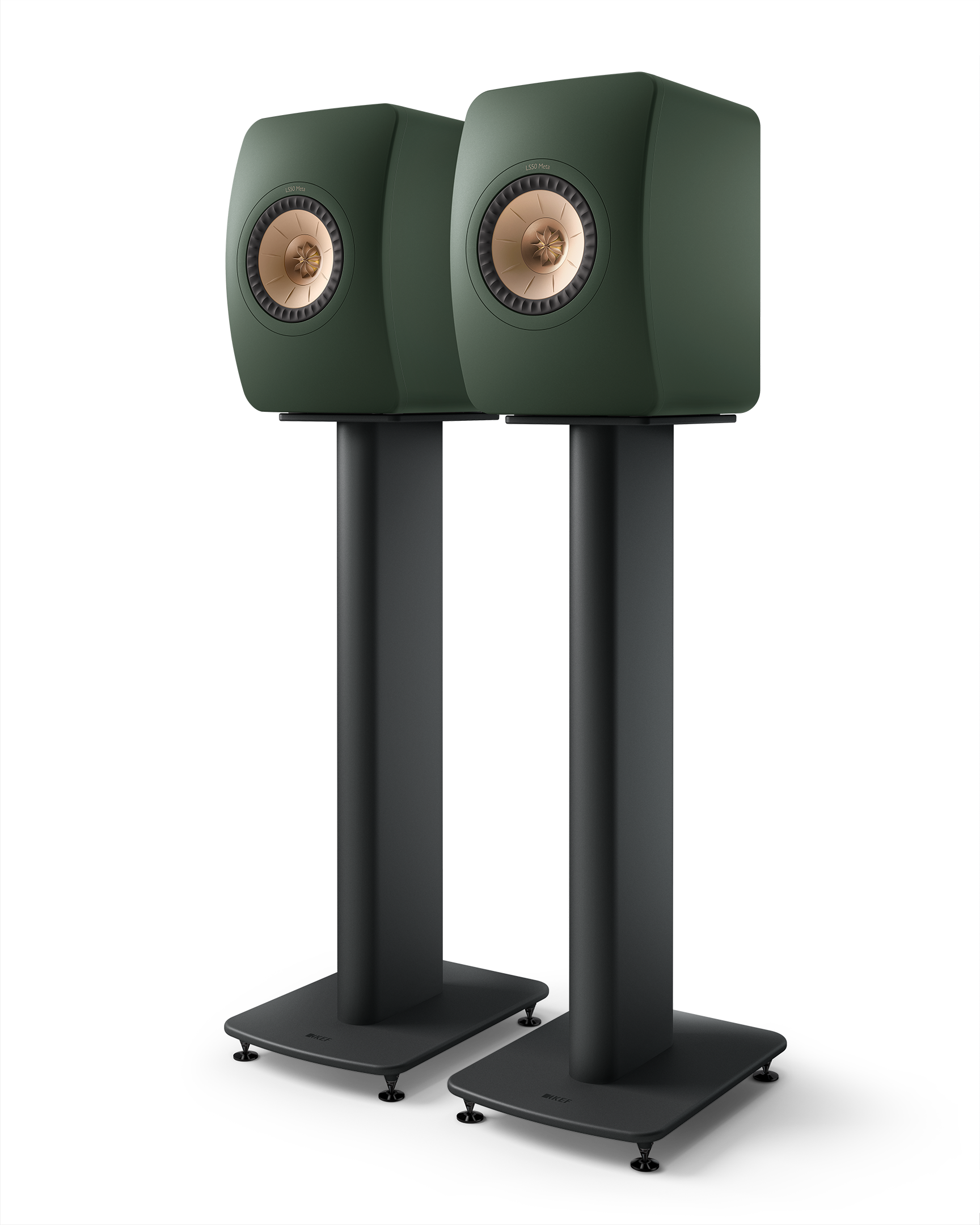 KEF LS50 Meta Passive Speakers in Moss Green, pair mounted on stands, sold separately