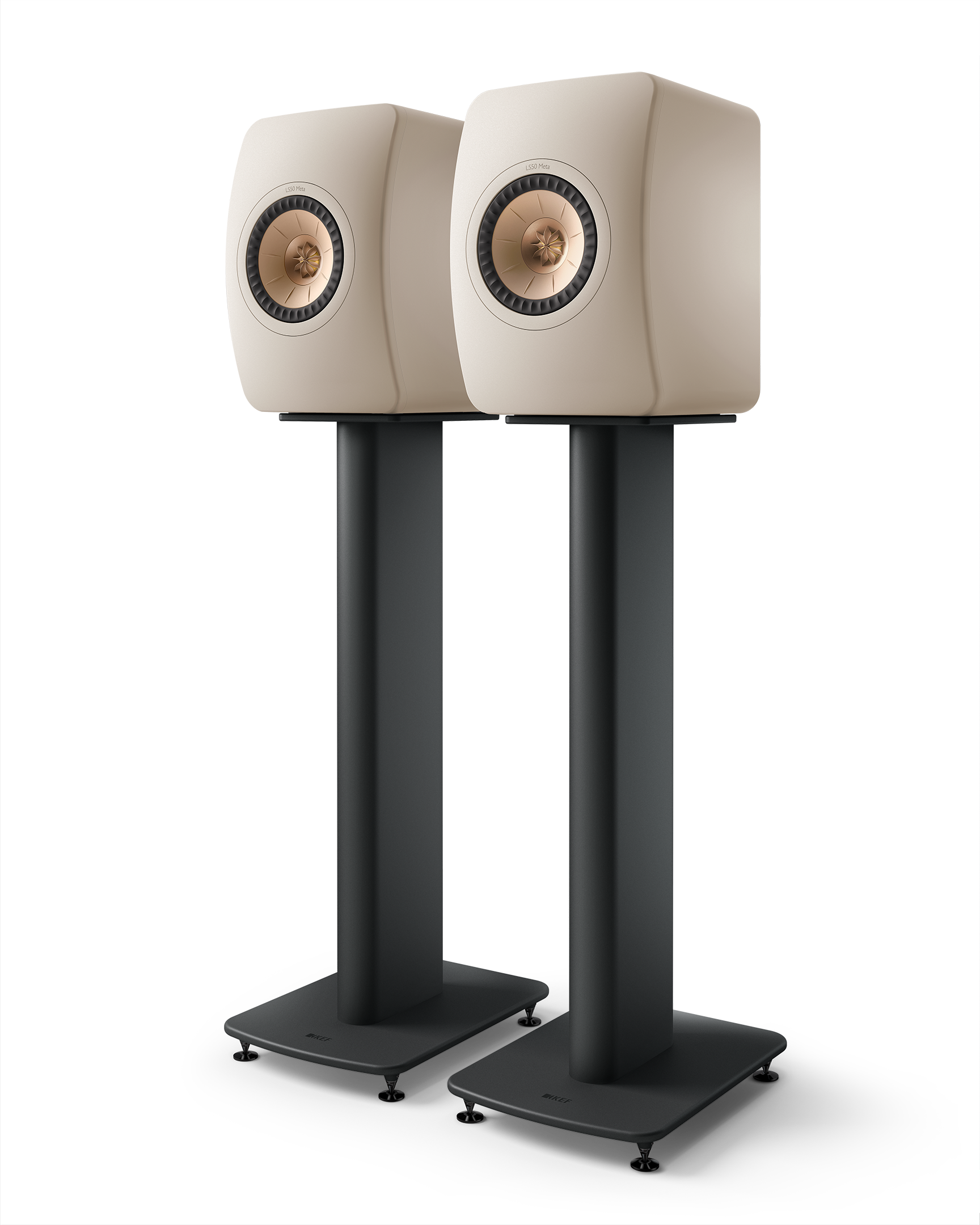 KEF LS50 Meta Passive Speakers in Sand Shell, mounted on stands (sold Separately)