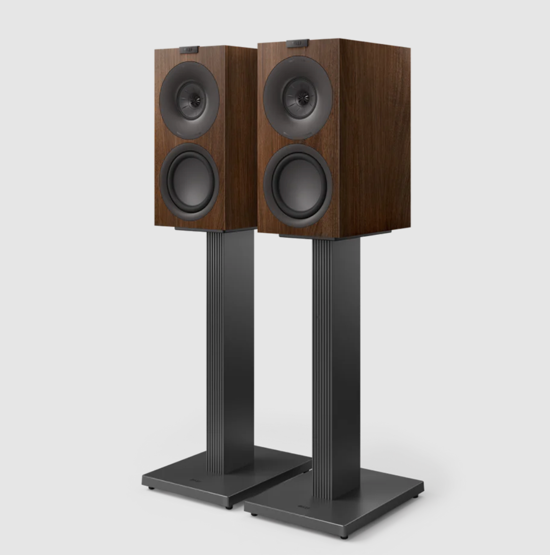 KEF Q Concerto Meta 3-way Bookshelf Speakers. Pair in Walnut on SQ1 Stands in Slate Grey
