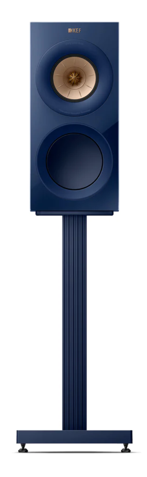KEF S3 Speaker Stands in Indigo Matt with R3 Meta Bookshelf Speakers in Indigo Gloss; individual speaker on stand. Special Edition