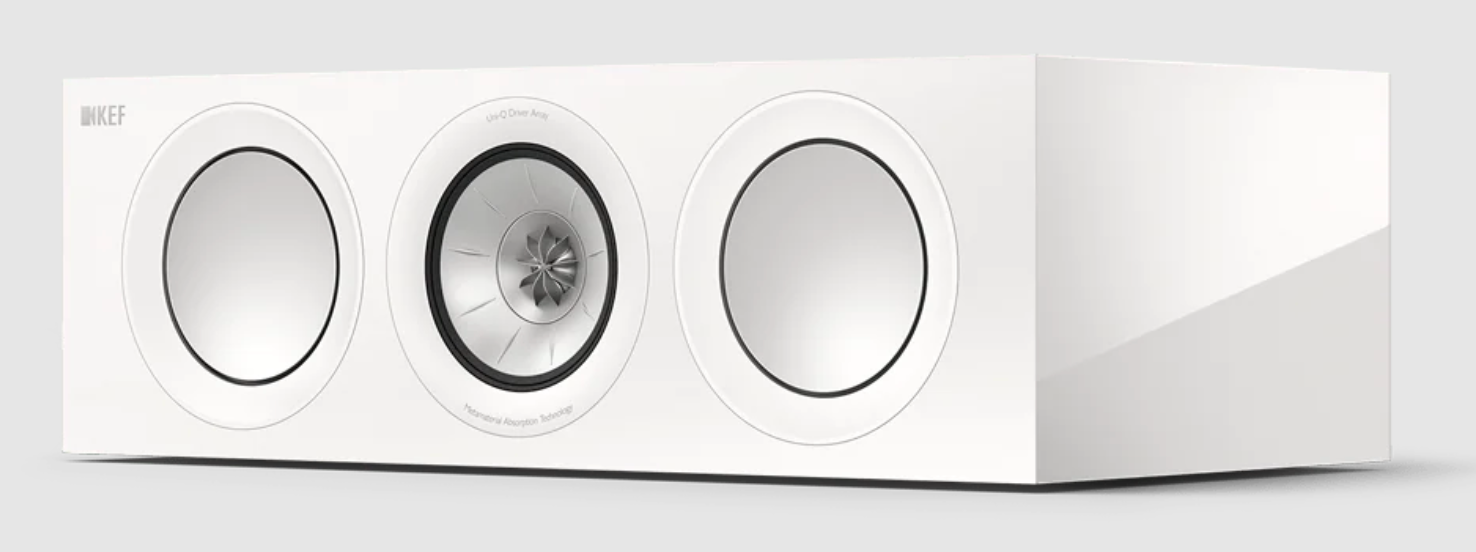 KEF R2 Meta Centre Channel Speaker in White Gloss. Front on an angle