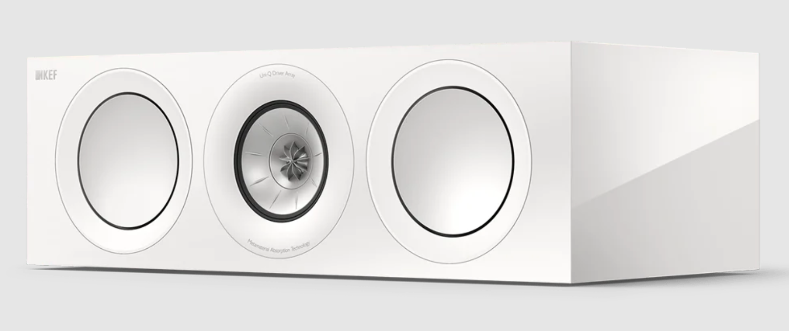KEF R6 Meta Centre Channel Speaker in Gloss White. Front on an angle