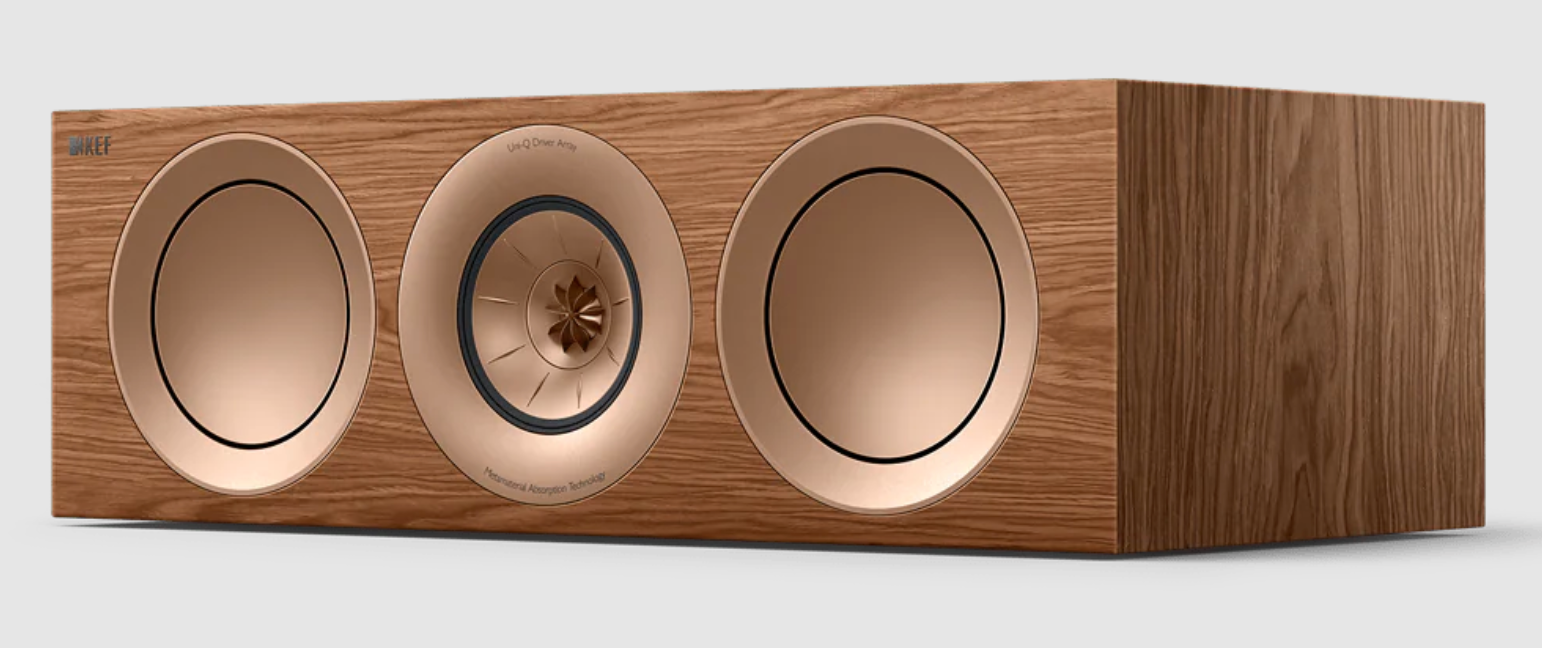 KEF R6 Meta Centre Channel Speaker in Walnut. Front on an angle
