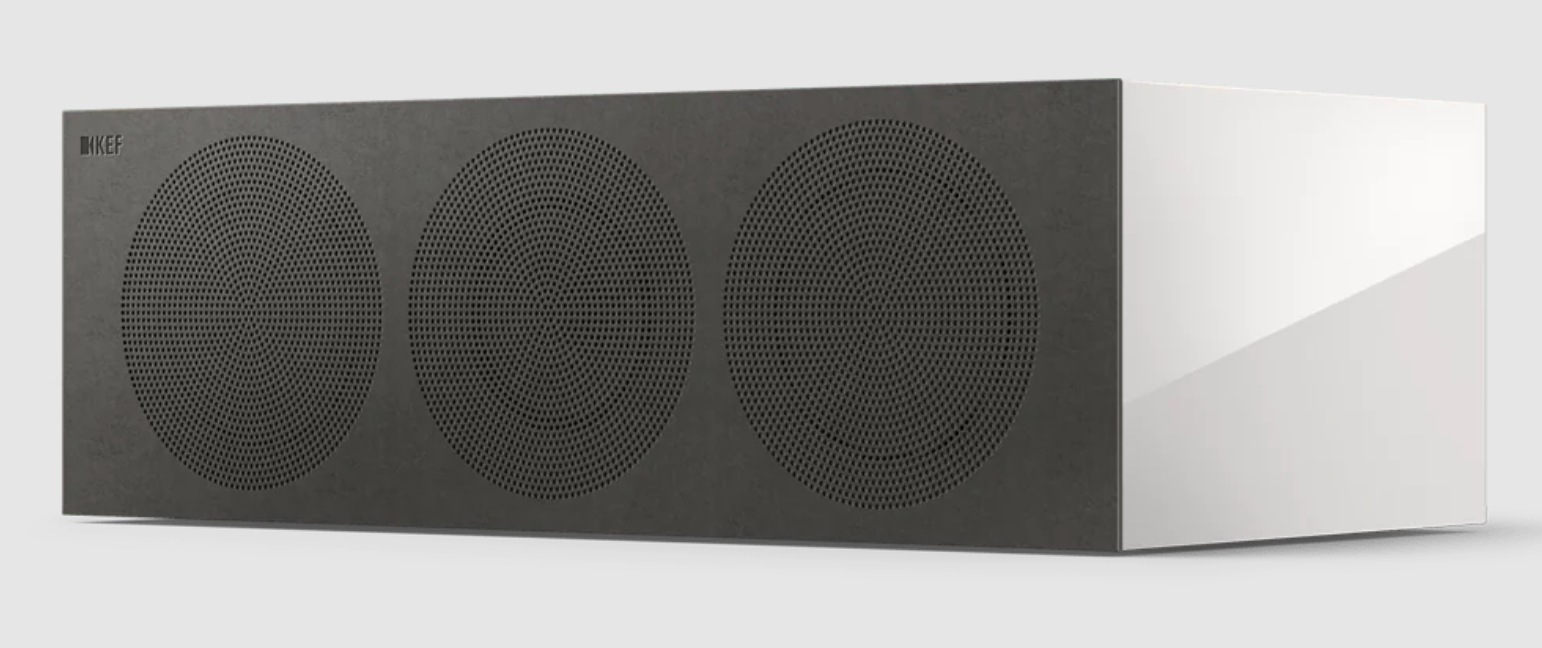 KEF R6 Meta Centre Channel Speaker in Gloss White. Front on an angle with grille.