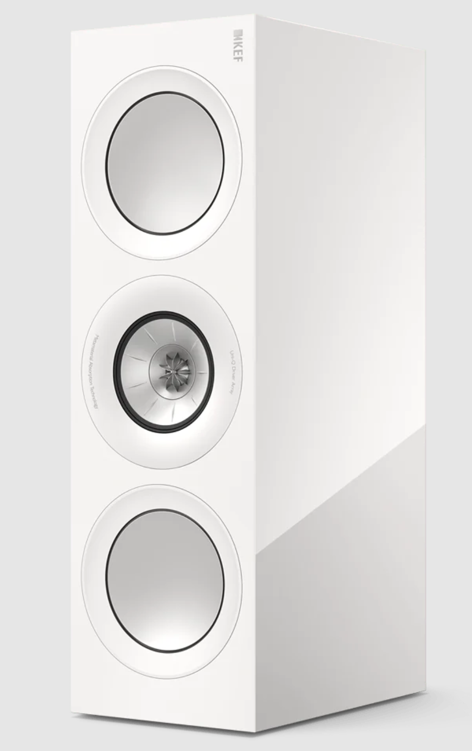 KEF R6 Meta Centre Channel Speaker in Gloss White. Front , vertical, on an angle