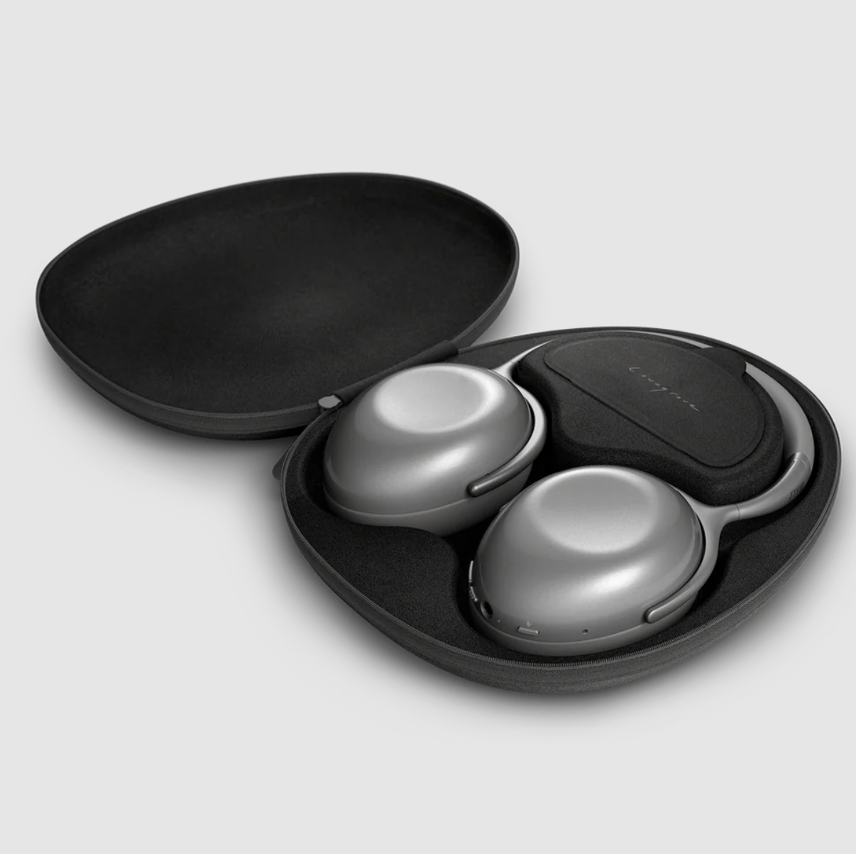 KEF Mu7 Noise Cancelling Wireless Headphones in Silver Grey, in their case