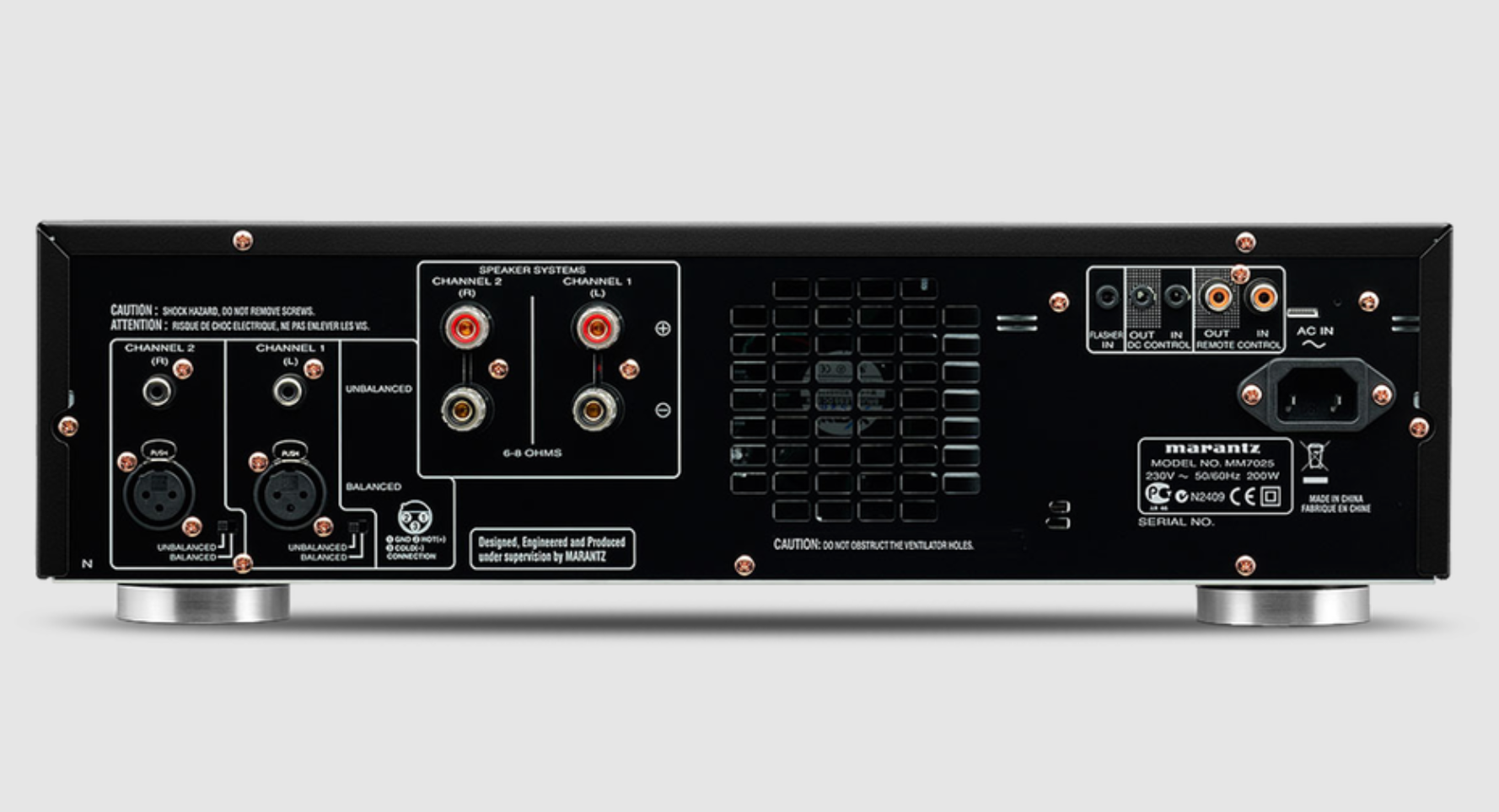 Marantz MM7025 Power Amplifier, front, back of unit