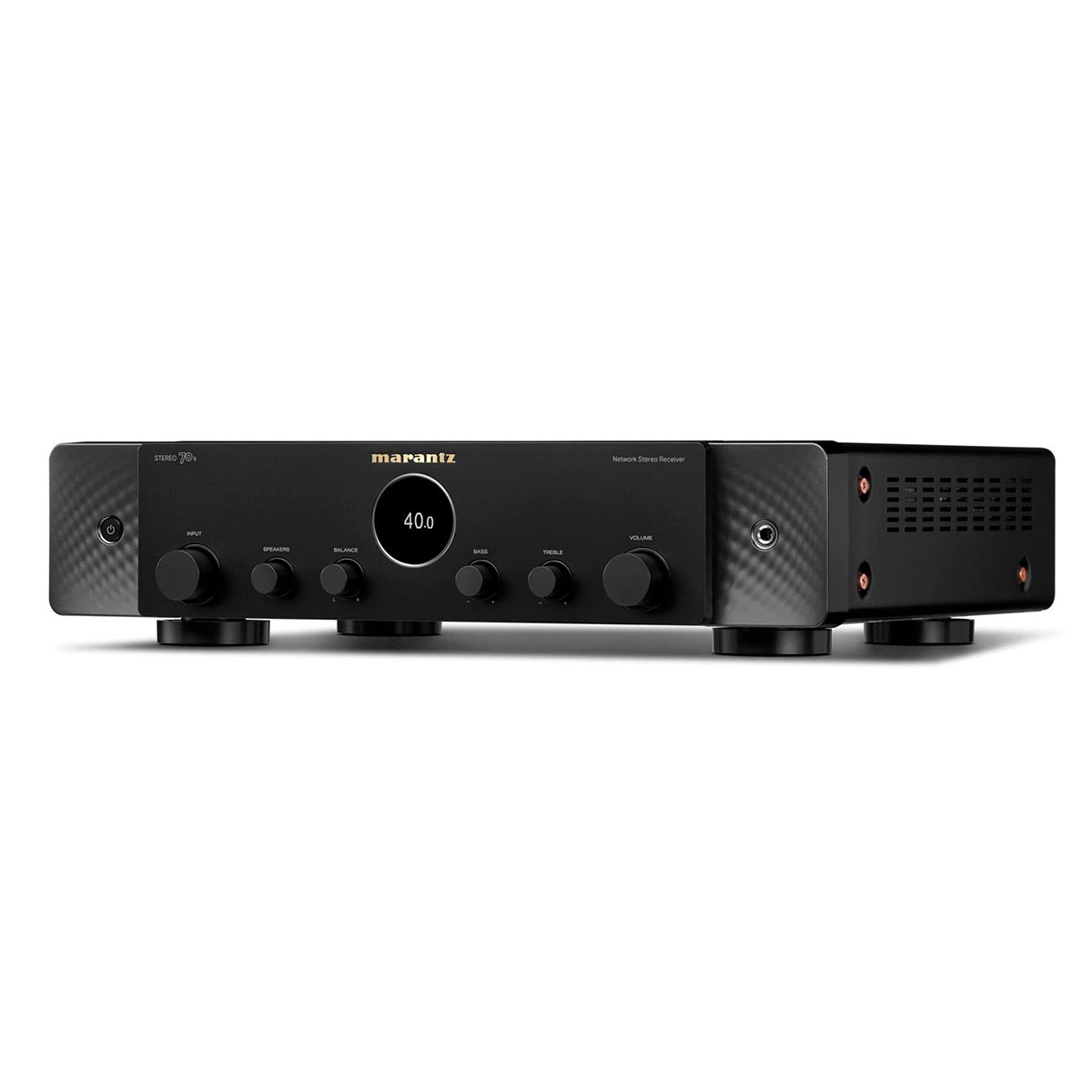 Marantz Stereo70's Receiver in Black. Pristine sound quality, timeless design & cutting edge tech. Angled image