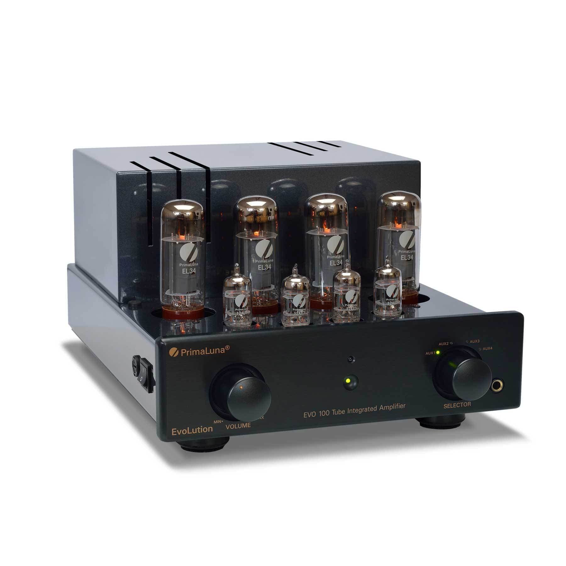 PrimaLuna EVO 100 Tube Integrated Amplifier in Black, no cover, on an angle. Available with or without MM Phono Stage