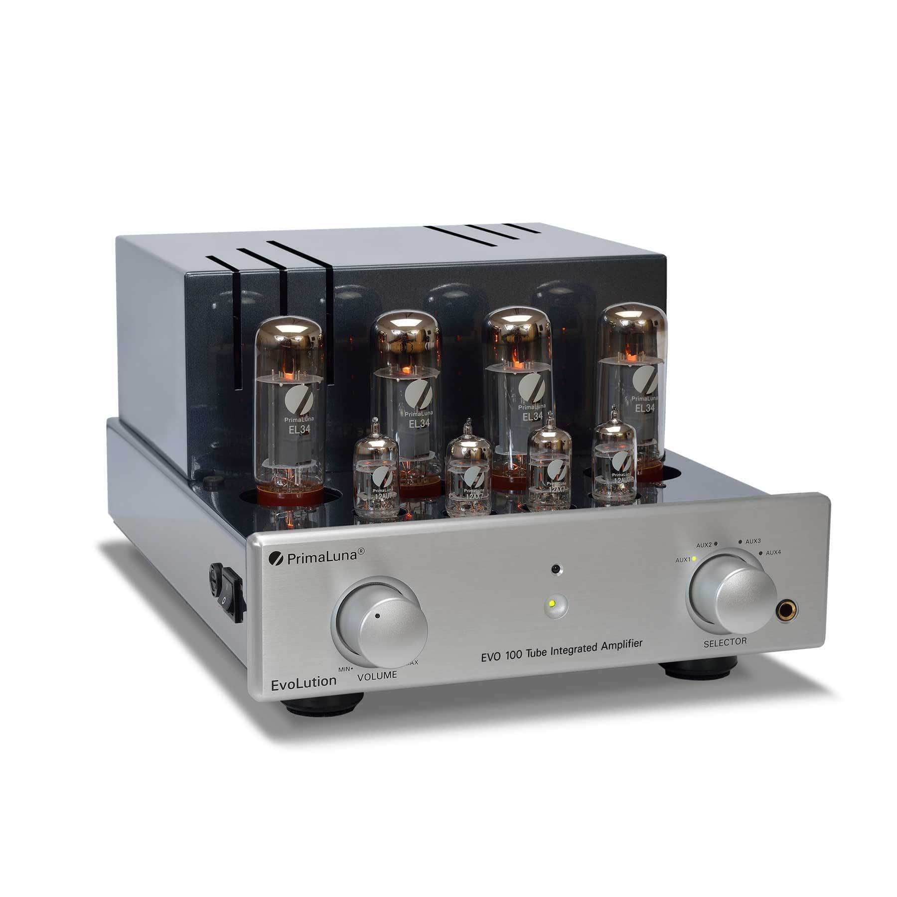 PrimaLuna EVO 100 Tube Integrated Amplifier in Silver, no cover, on an angle. Available with or without MM Phono Stage