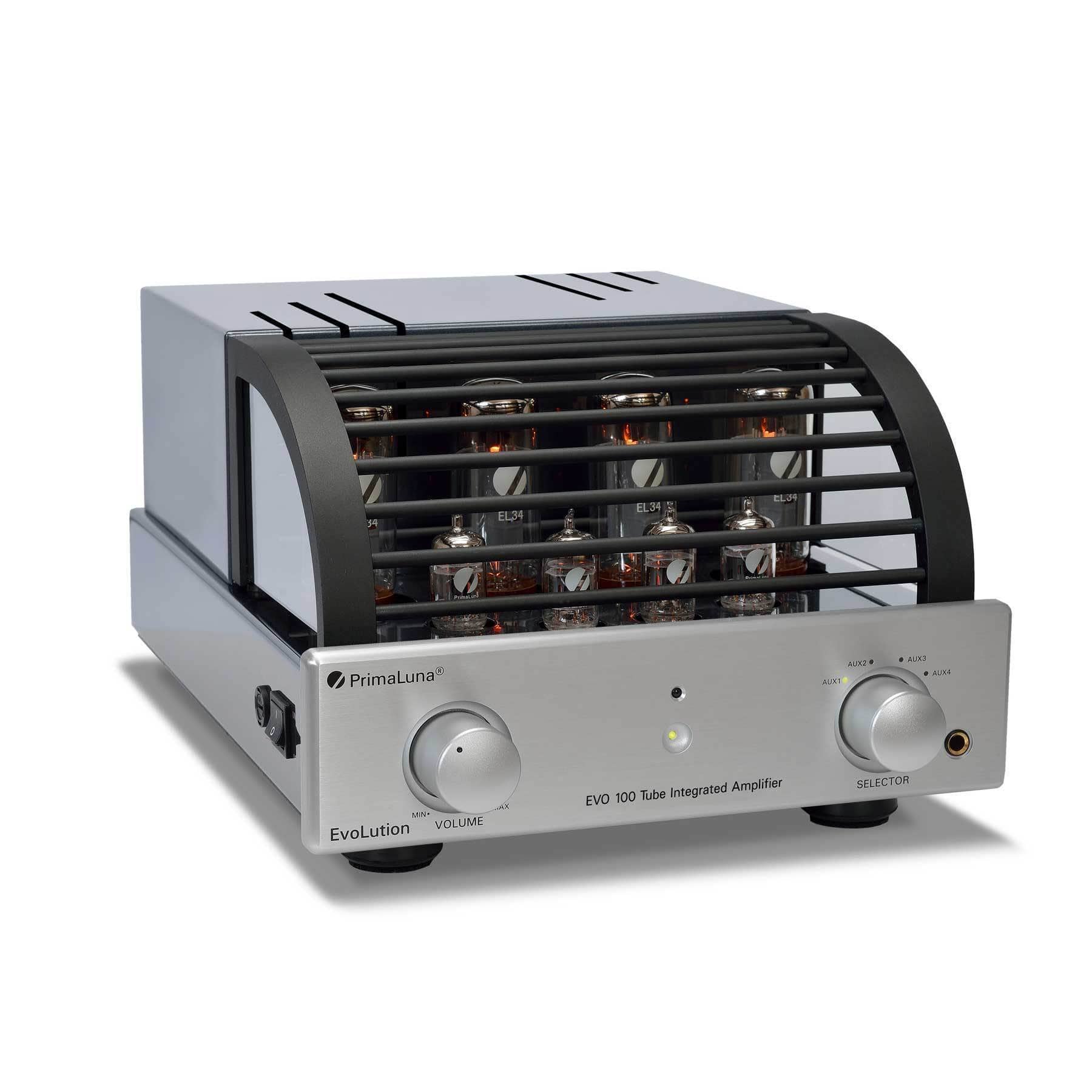 PrimaLuna EVO 100 Tube Integrated Amplifier in Silver, with cover on an angle. Available with or without MM Phono Stage