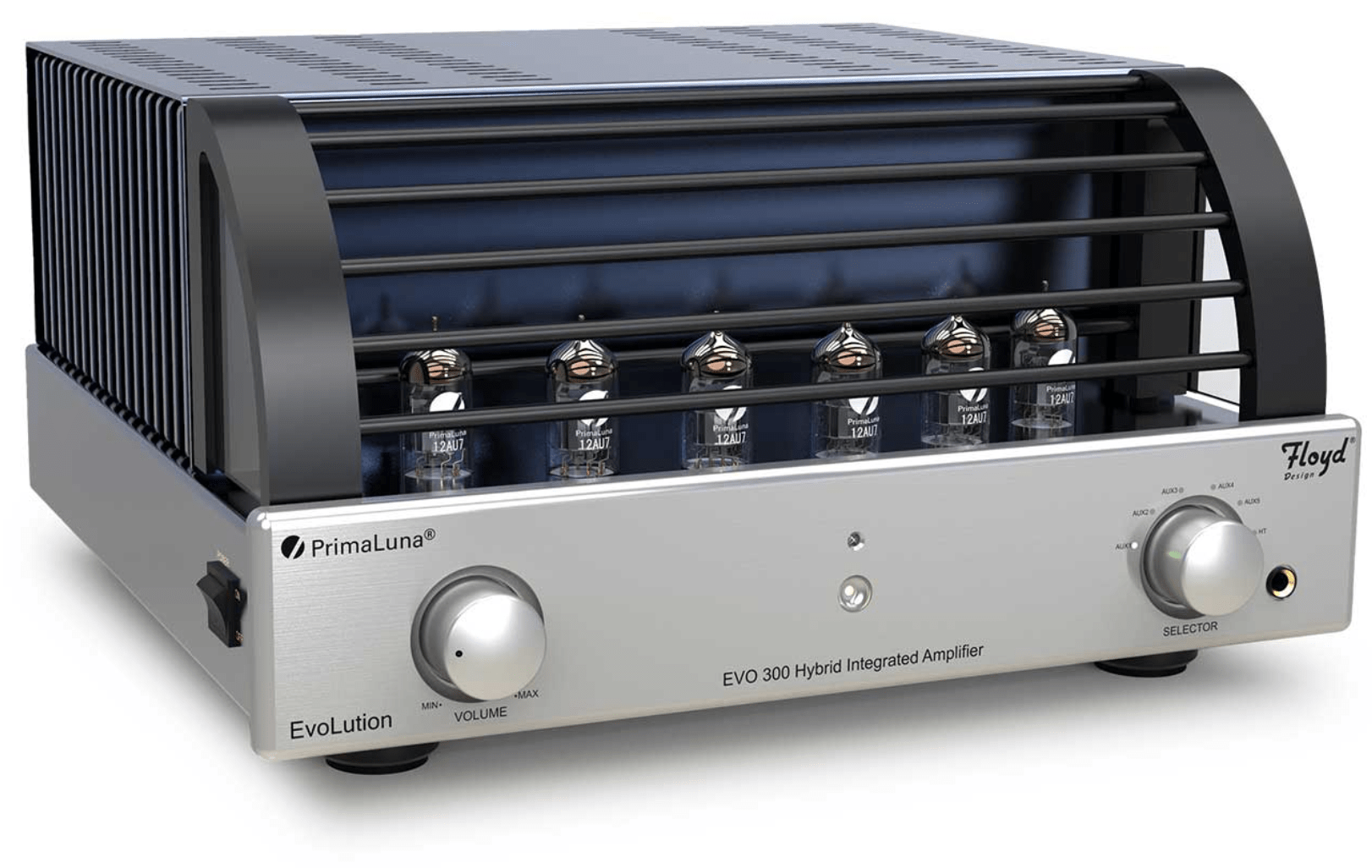 PrimaLuna EVO300 Hybrid Integrated Amplifier in Silver, with cover, on an angle