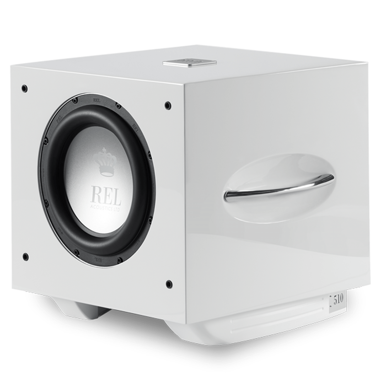 REL Acoustics Subwoofers REL S/510 Subwoofer in white, on an angle without Grille