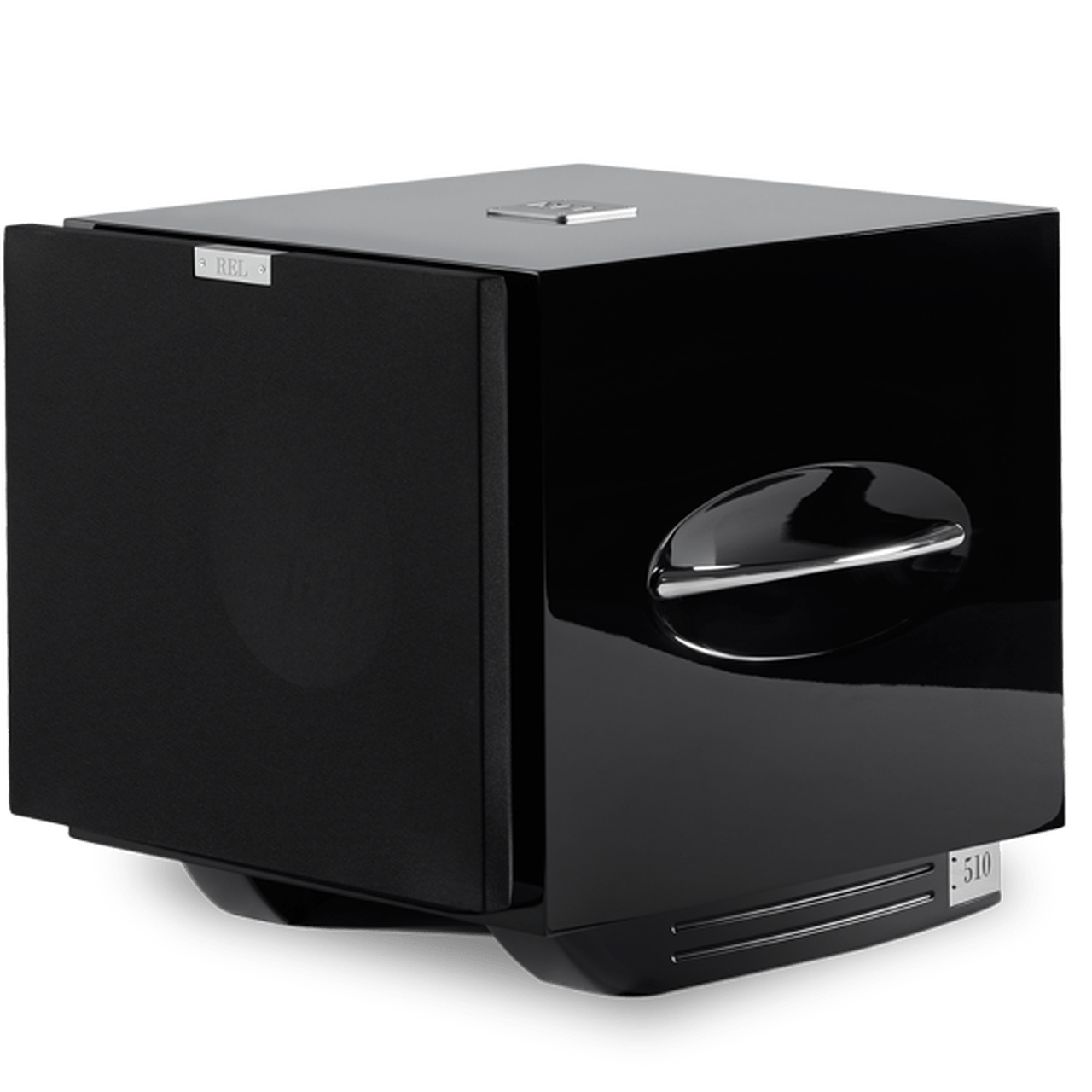 REL Acoustics Subwoofers REL S/510 Subwoofer in Piano Black, on an angle with Grille