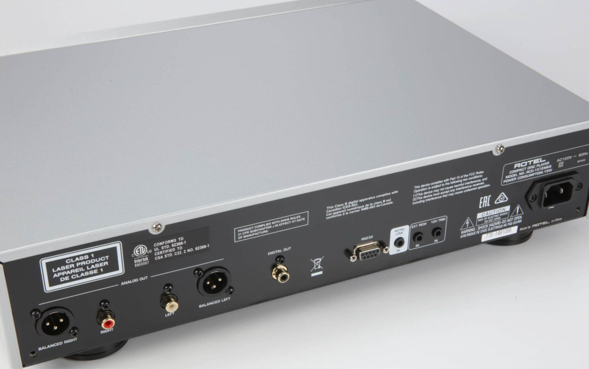 Rotel RCD 1572 MKII CD Player. Angled back panel image