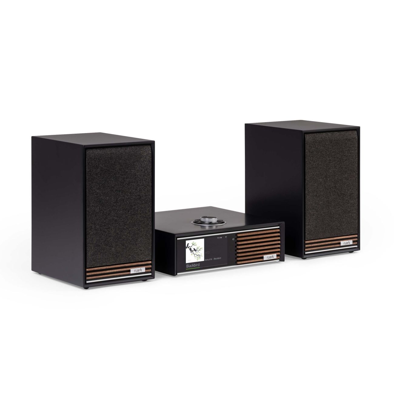 Ruark Audio R610 and Sabre-R Streaming System in Satin Charcoal, angled view, with grille on speakers