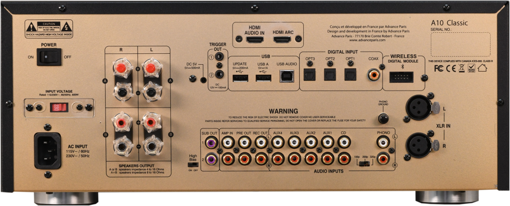 Advance Paris A10 Hybrid Stereo Amplifier is an integrated Stereo Amplifier of high musical quality with tube pre-amplification.  Rear image