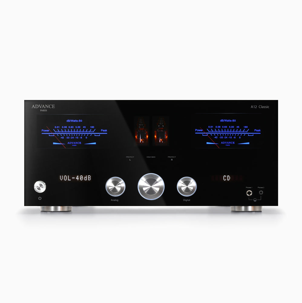 Advance Paris A12 Hybrid Stereo Amplifier is an integrated Stereo Amplifier of high musical quality with tube pre-amplification. Front Image