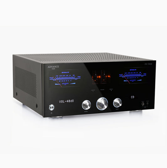 Advance Paris A12 Hybrid Stereo Amplifier is an integrated Stereo Amplifier of high musical quality with tube pre-amplification.  Front Image