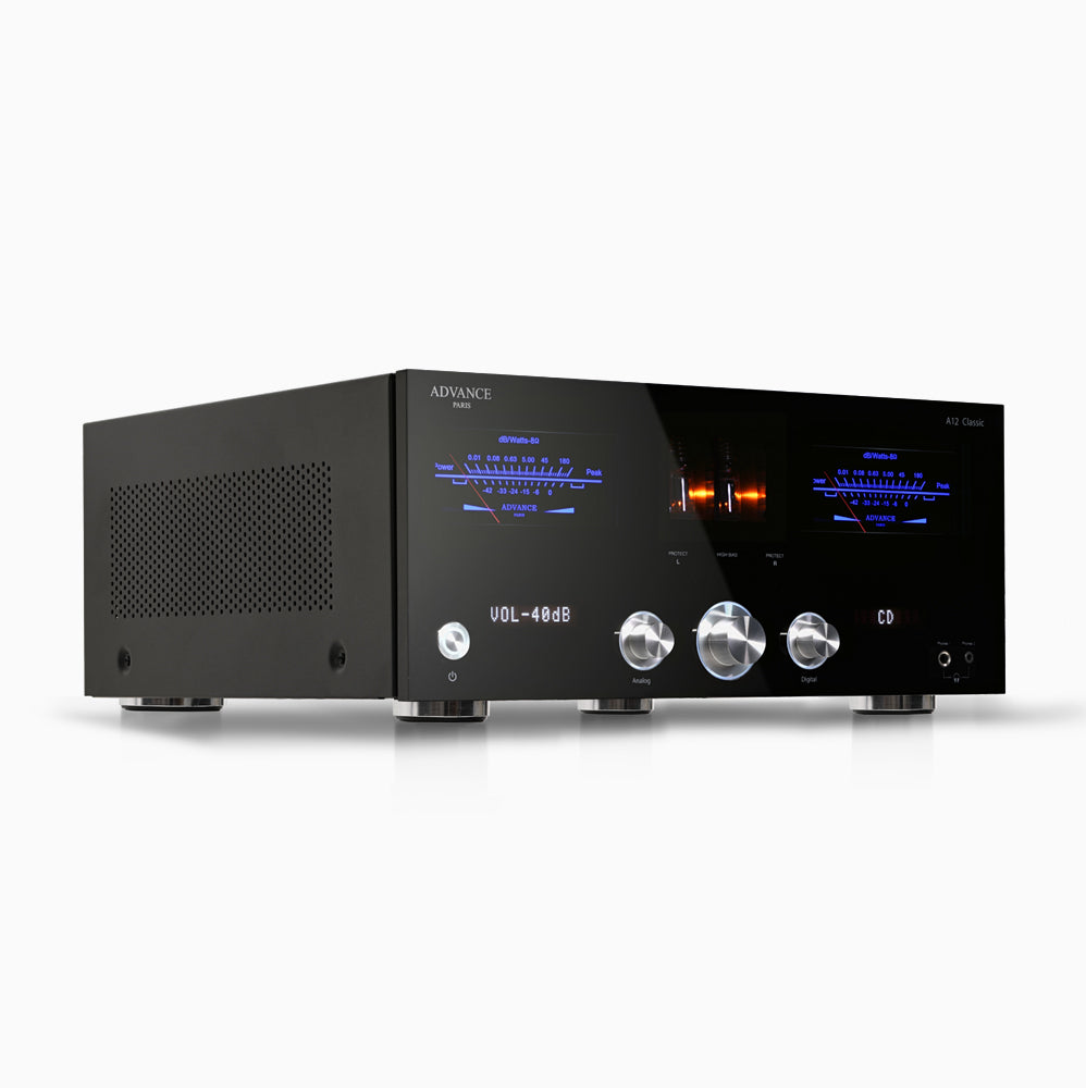 Advance Paris A12 Hybrid Stereo Amplifier is an integrated Stereo Amplifier of high musical quality with tube pre-amplification. Front Side Image