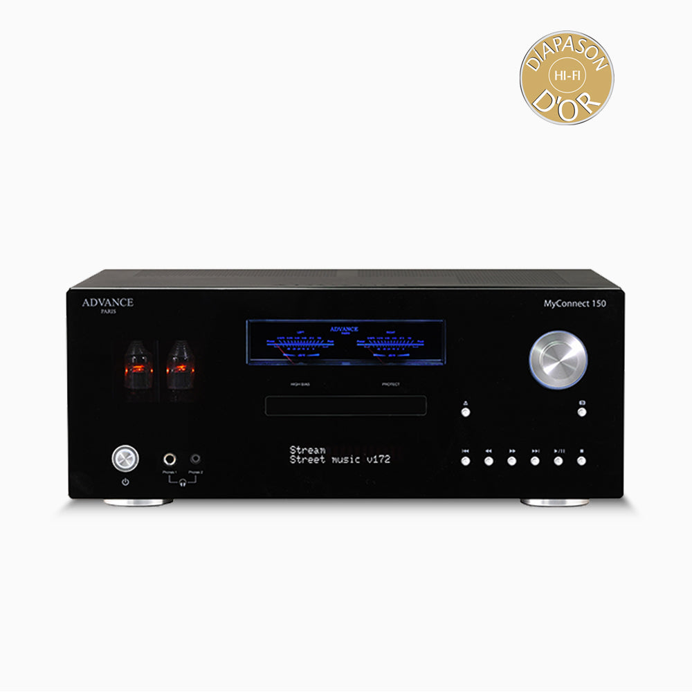 The Advance Paris MyConnect 150 is an audiophile “All-in-One” with a toroidal transformer for the power supply and many features such as streaming, CD, FM / DAB radio. Front Image