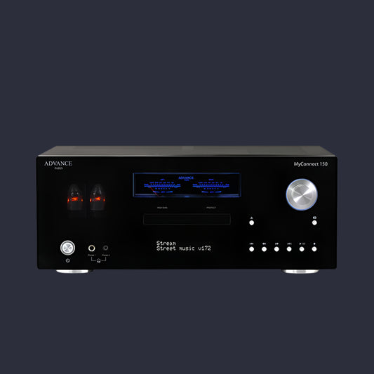 The Advance Paris MyConnect 150 is an audiophile “All-in-One” with a toroidal transformer for the power supply and many features such as streaming, CD, FM / DAB radio. Front Image