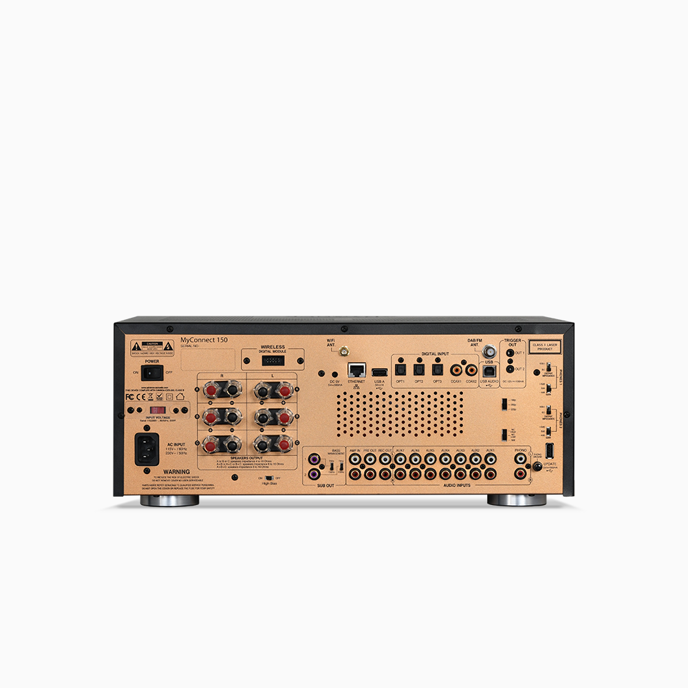 The Advance Paris MyConnect 150 is an audiophile “All-in-One” with a toroidal transformer for the power supply and many features such as streaming, CD, FM / DAB radio. Rear Image