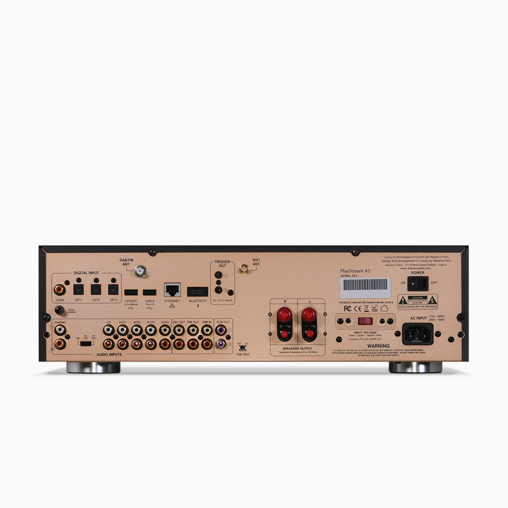 The Advance Paris PlayStream A5 is a connected integrated amplifier. Back Panel image