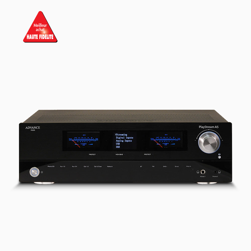 The Advance Paris PlayStream A5 is a connected integrated amplifier. Front image