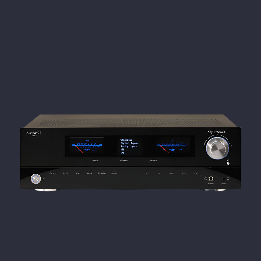 The Advance Paris PlayStream A5 is a connected integrated amplifier. Front image